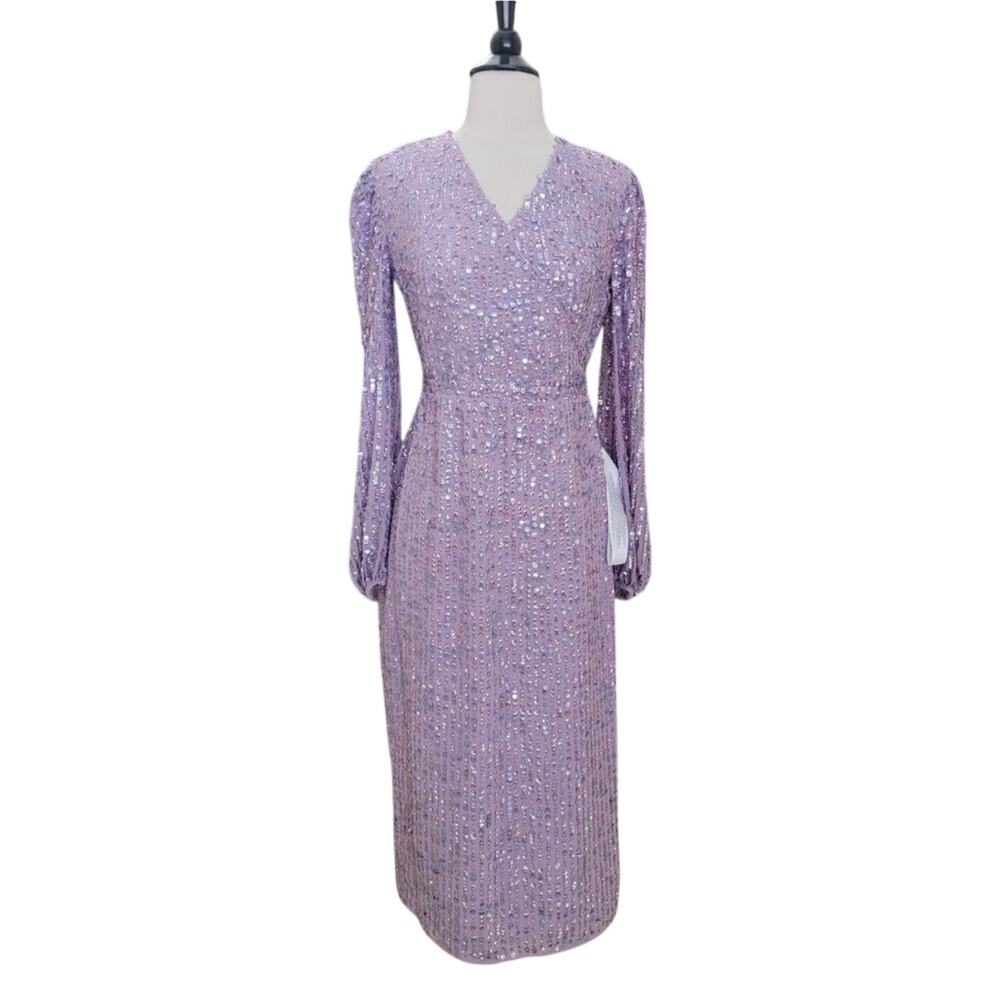 Mac Duggal 107641 Sequin Lavender Purple V Neck Long Sleeve Midi Dress 4 Gown - Picture 2 of 12